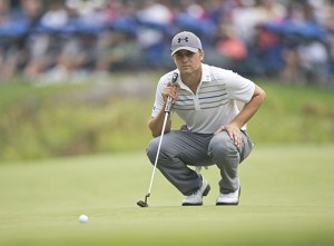 NORTON, MA - SEPTEMBER 2: Jordan Spieth lines up his eagle putt on the 18th hole, during the final round of the 2013 Deutsche Bank Championship at TPC Boston, Monday, Sept. 2, 2013. Spieth started the day tied for 29th place and ended his round tied for second place. (Photo by Matthew J. Lee/The Boston Globe via Getty Images)